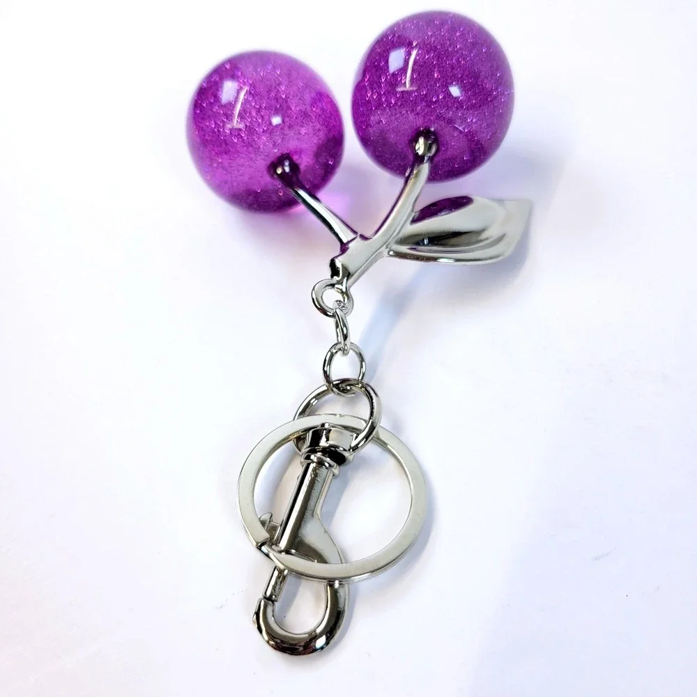 Bag Charm Cherry Keychain Glitter Resin Purple Womens Gypsy Fairycore Whimsical